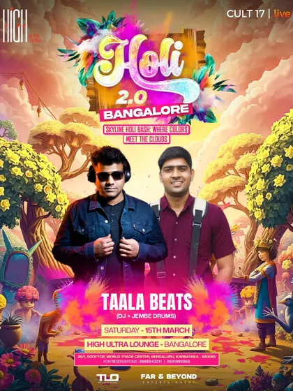 The poster for Taala Beats (DJ + Jembe Drums) at Holi 2.0. We incorporate live instrumentalists with DJs to create a unique and dynamic sonic experience.