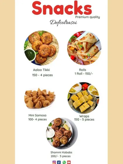 A simple menu of our premium quality snacks, including Aloo Tikki, Mini Samosas, and Shammi Kababs.