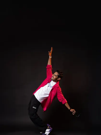 It was super fun styling YouTuber Amit Sharma, "The Indian Unboxer." We created a range of cool, casual looks, including this one with a vibrant patchwork jacket, reflecting his energetic personality.