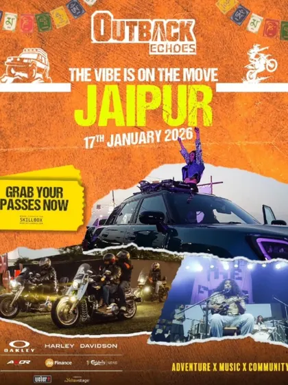 The poster for Outback Echoes in Jaipur, a festival combining adventure, music, and community with a focus on motorbiking culture.