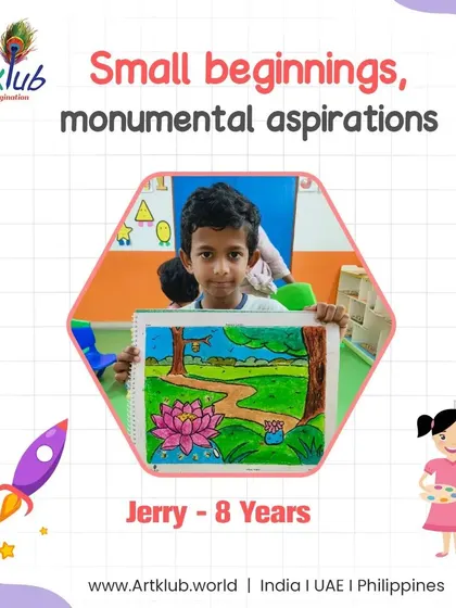 Jerry, age 8, shows monumental aspirations with his small beginning, a lovely lotus pond scene.