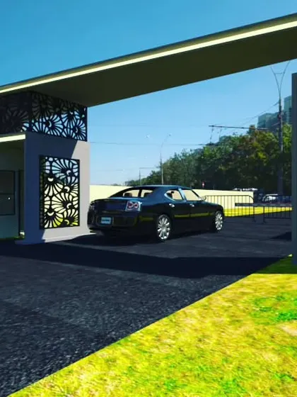 This is a 3D render for another entrance gate design concept. It features a modern, minimalist aesthetic with decorative laser-cut panels, showcasing our versatility in exterior and structural design.