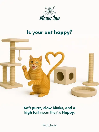 Is your cat happy? Soft purrs, slow blinks, and a high tail are all positive signs. This is what I love to see in all my guests.
