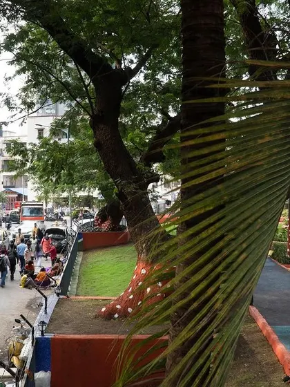 A view from within VDP Garden looking out onto the street. The redesigned low boundary wall enhances visibility, fostering a sense of safety through the principle of "eyes on the street."