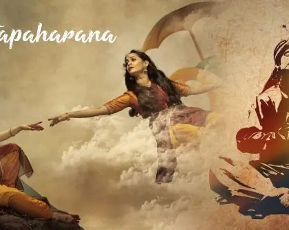 The official poster for 'Chittapaharana', an evening of divine experience featuring my Harikatha and the dance musical 'Apaharana'. The artwork captures the essence of the two distinct yet connected performances.
