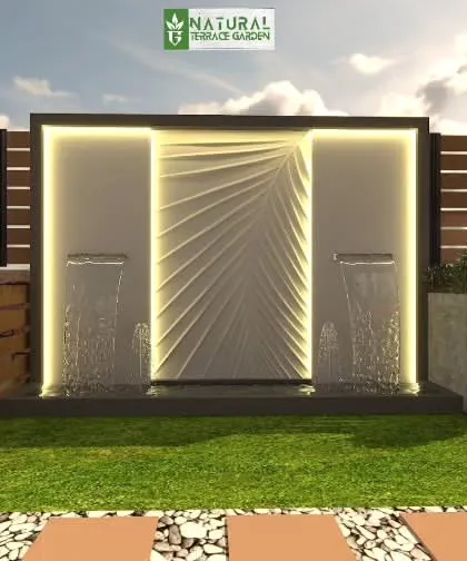 A modern wall fountain design with a central textured panel and two waterfalls, flanked by wooden planters.