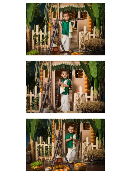 A collage of portraits of the boy in the traditional Pongal setup.