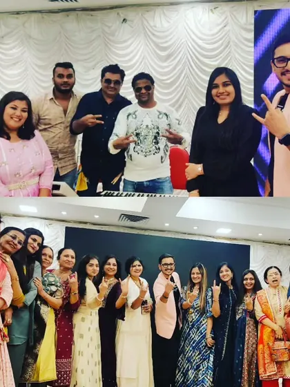 Group photos with my band and the wonderful ladies of the PKB Mahila Mandal after a successful event. Building a personal connection with my audience is always a highlight.