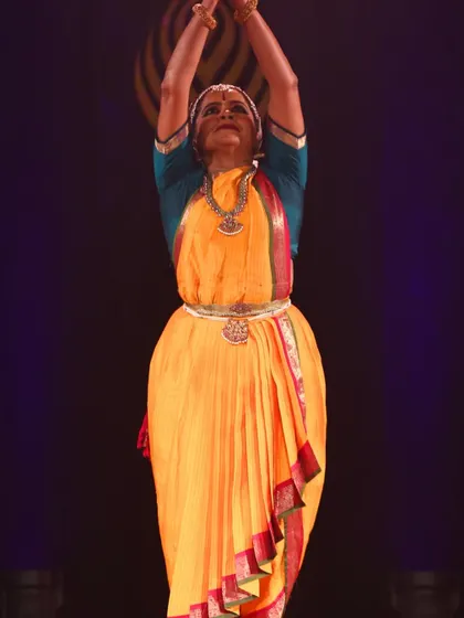 A pose of devotion and offering during a solo recital. Bharatanatyam is not just performance; it is a form of prayer, a sacred offering of art.