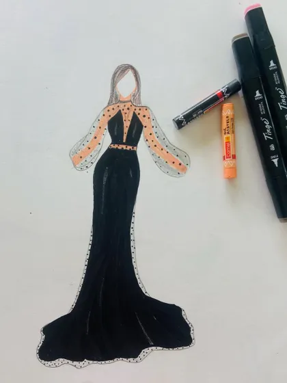 A full color illustration of a black evening gown with sheer, dotted sleeves, rendered with markers and pastels.