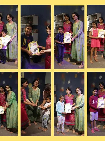 A collage of happy families receiving their copies of our book from the talented musicians Neha and Ketaki Tamhanakar.