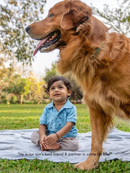 A toddler sits on a blanket in a park while his majestic golden retriever stands guard beside him.