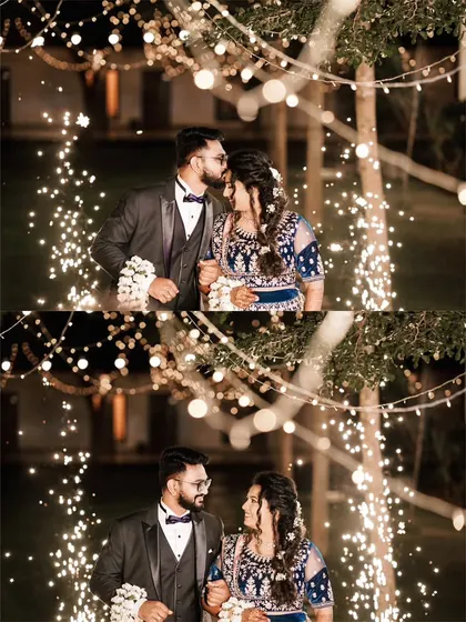 A romantic collage of the couple at their outdoor reception, walking under a canopy of fairy lights.