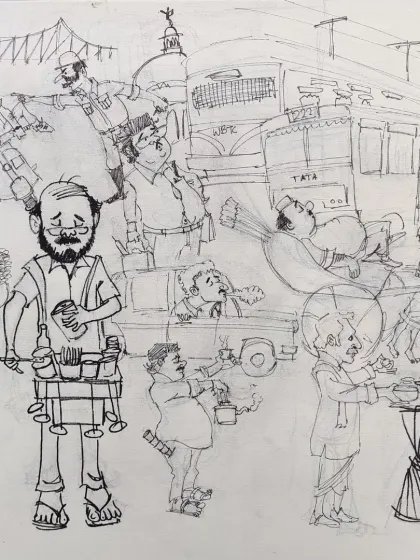 This is a close-up of a live sketch I created, capturing the vibrant and chaotic energy of Kolkata. My on-the-spot drawings are filled with details that tell a story, making them a unique piece of entertainment and art.