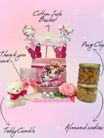 Here’s a breakdown of what’s inside our unicorn hamper: a reusable basket, ragi chips, almond cookies, and a teddy candle.