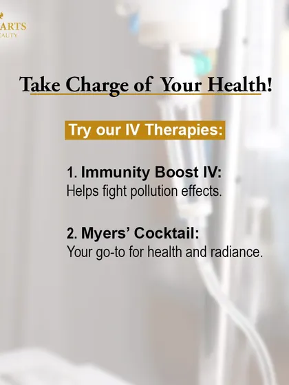 Take charge of your health with my targeted IV therapies. The Immunity Boost IV is specifically formulated to help fight the effects of pollution, while the Myers' Cocktail is your go-to for overall health and radiance.