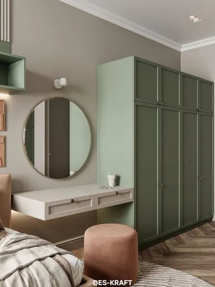 A contemporary bedroom design with an olive green wardrobe, a floating vanity, and textured wall art, creating a space that is both stylish and serene.