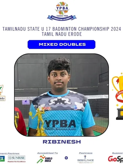 Ribinesh, the Mixed Doubles Champion at the Tamil Nadu State U17 Championship.