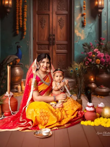 A fine art portrait bringing a timeless story to life. Here, I've styled a mother and her baby as the classic Yashoda and Krishna, creating a piece of art filled with cultural richness and devotion.