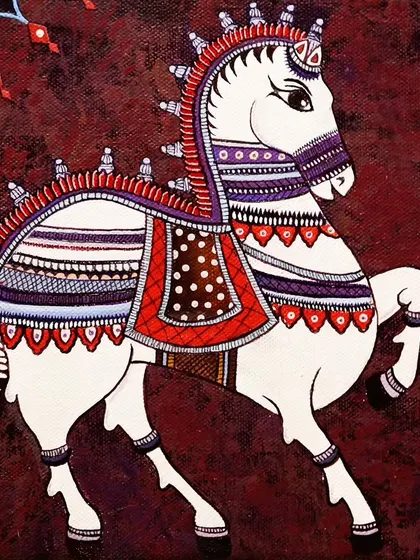 A similar folk art horse against a textured, deep red background. Our classes cover techniques for creating different background textures to complement your subject.