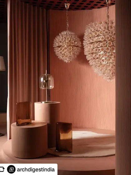 We designed this lighting showroom in Bengaluru to be a completely immersive experience. This corner, with its grand decorative chandeliers and soft, curved walls, creates a sense of wonder and encourages customers to truly feel the impact of beautiful lighting.