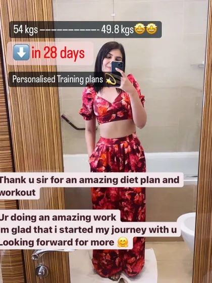 From 54 kgs to 49.8 kgs in 28 days. This client is thrilled with her amazing diet plan and personalized training, and is looking forward to even more progress.