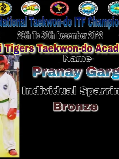 Young champion Pranay Garg, showing his Bronze medal for individual sparring. It's great to see our junior students competing and winning at a high level.