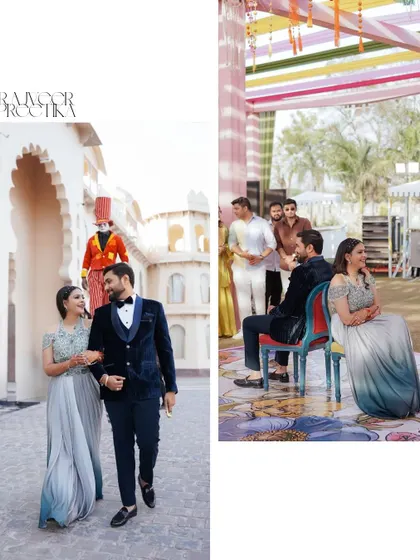 A collage from a carnival-themed Sangeet, showing the couple's stylish entrance and candid moments from the event, highlighting our ability to capture unique wedding themes.