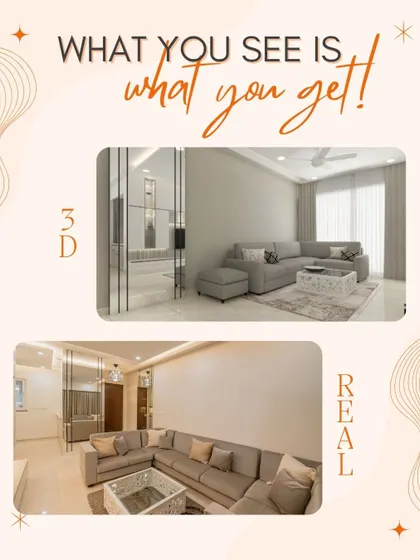 The living room design in 3D and in reality. We ensure every element, from the sofa to the mirror placement, is perfectly aligned with the client's approved design.
