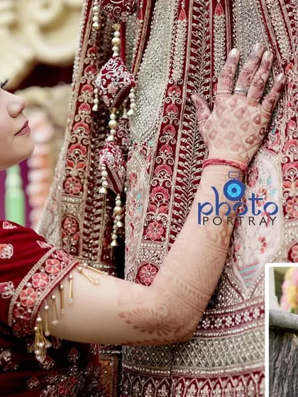 An album page showing the bride admiring her wedding lehenga, along with detail shots of her kalire and shoes.