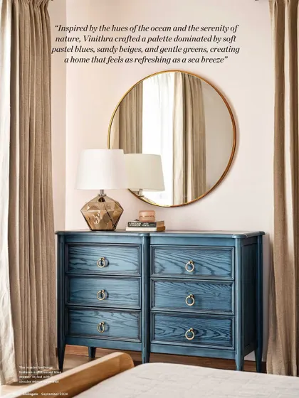 A beautiful shot of the primary bedroom's blue dresser, as seen in Livingetc India. The article notes how we crafted a palette of soft pastel blues, sandy beiges, and gentle greens.