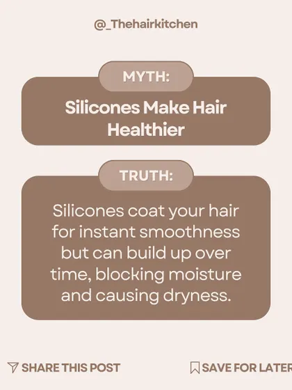 Busting the myth that silicones make hair healthier. While they provide temporary smoothness, they can cause buildup and dryness over time. I always recommend silicone-free alternatives for true hair health.