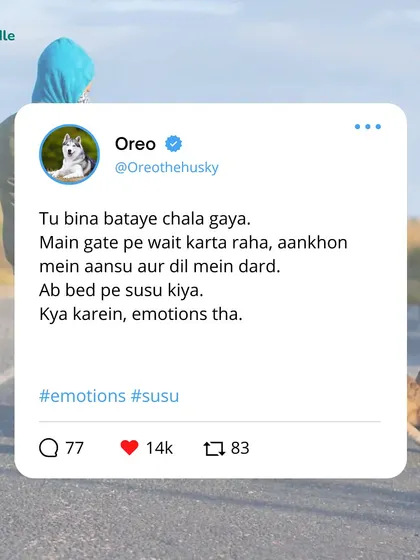A tweet from a heartbroken dog: "You left without telling me. I waited at the gate, with tears in my eyes and pain in my heart. So I peed on the bed. It was emotions."