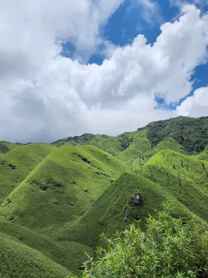 More stunning views of the contoured hills of Dzukou Valley under a partly cloudy sky. Every angle offers a new, beautiful perspective.