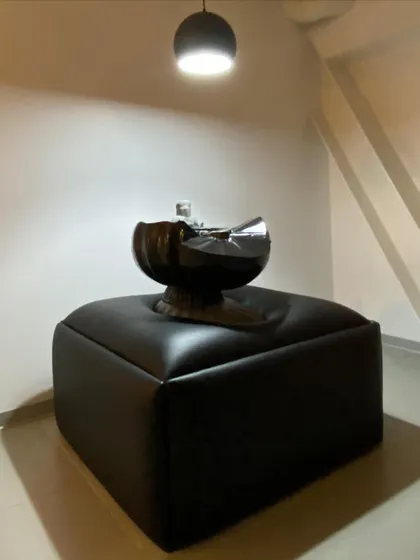 A contemporary sculpture by L.N. Tallur sits on a custom plinth, with focused lighting creating a dramatic effect. This demonstrates the detailed approach to exhibition design, where every element is considered to support the art.