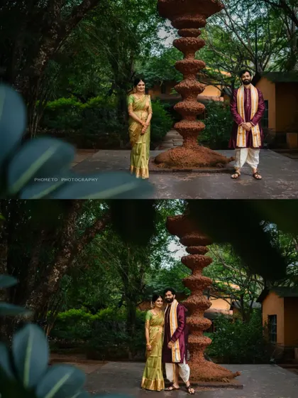 A collage showing the couple in different poses at the same beautiful, rustic location, telling a fuller story of their photoshoot.