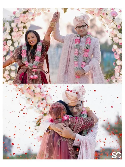 A collage capturing the joy of Hitesh and Aarishma's Varmala and their heartfelt hug afterwards, showered in flower petals.
