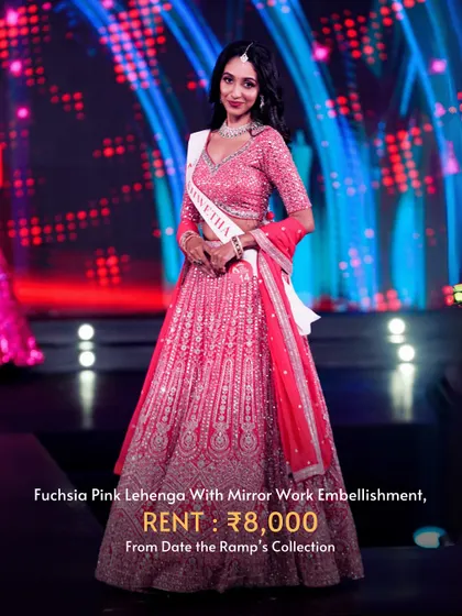 A bold fuchsia pink lehenga with mirror work. This outfit is perfect for someone who loves to stand out.