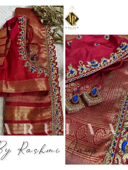 A red bridal blouse with contrasting blue thread embroidery. The custom latkans are designed with the same blue and gold combination to tie the whole look together.