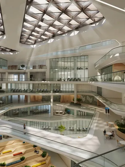 The heart of this corporate structure is the central atrium, a verdant amphitheater bathed in cascading natural light. This feature adds an enigmatic charm to the interiors and fosters a vibrant, inspiring cultural atmosphere.