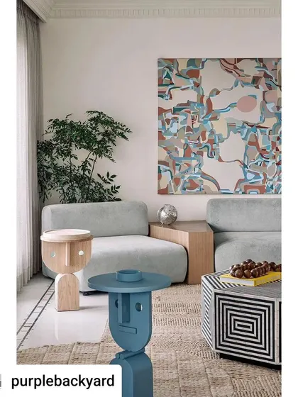 For the Eden House penthouse, we created this one-of-a-kind painting that unifies the colors of the room's furniture. The artwork references the family's travels, making it a personal map of their memories.