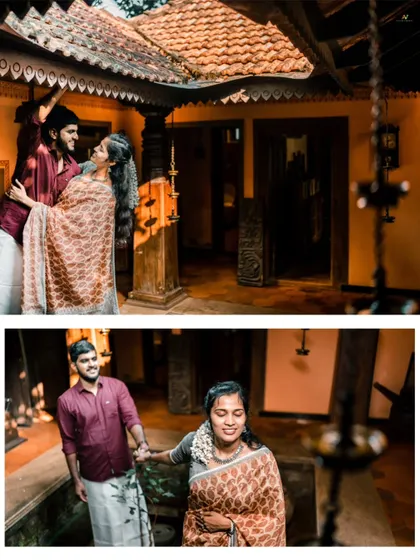 A collage of a couple sharing a dance and walking hand-in-hand through a heritage home, capturing their love story in a vintage setting.