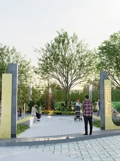 The entrance to 'Letizia Park', where bold yellow accent panels contrast with the concrete and surrounding greenery. The design creates a vibrant and cheerful identity for this community park, which is themed around happiness.