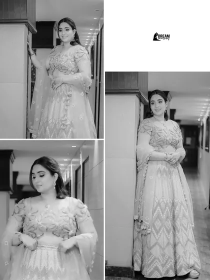 A collage of bride Vanshika's portraits from her Roka ceremony, showcasing her elegant look.