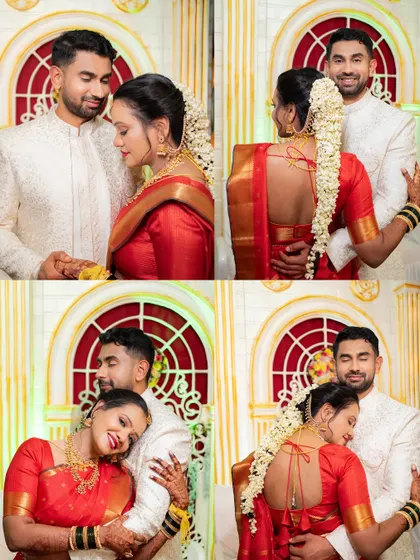 A four-photo collage of the bride and groom sharing sweet, romantic moments after their wedding ceremony.