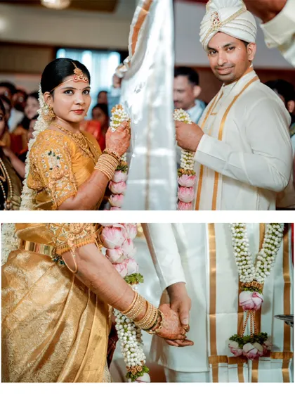 A collage capturing the garland exchange and a close-up of the couple holding hands, two significant moments in a wedding ceremony.