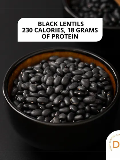 Black lentils (urad dal) are a nutritional powerhouse, offering 230 calories and 18 grams of protein. They are the star ingredient in the famous dal makhani.