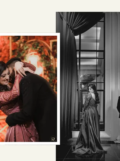 A creative split image showing a candid hug on one side and a dramatic, artistic black and white portrait on the other, capturing both intimacy and style.