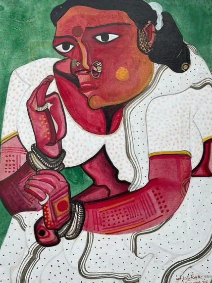 This is an early work by the celebrated artist T. Vaikuntam, dated 1988. His depiction of a rural Telangana woman, with her vibrant red skin and traditional attire, is iconic. I specialize in sourcing such significant, early-career pieces for collectors.