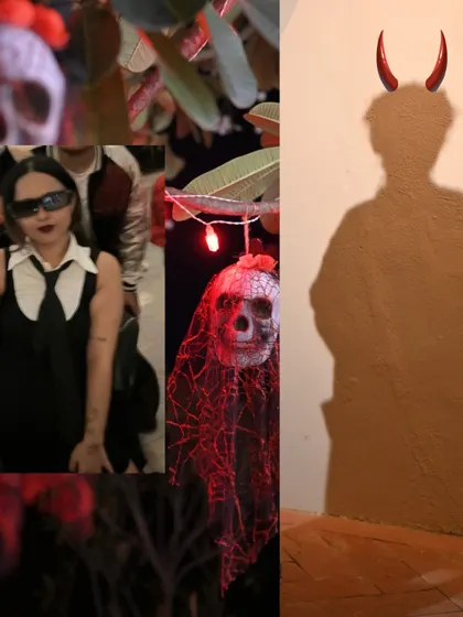 A collage capturing the rebellious spirit of Halloween. I combined the energy of Frida Kahlo and Men in Black, with spooky decor like skulls in trees and devilish shadows creating a unique, art-driven party.